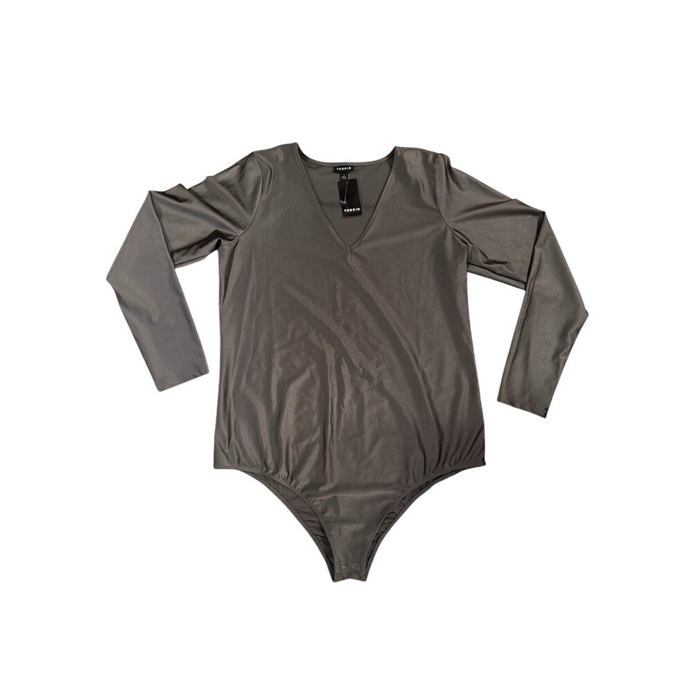 Torrid Shiny Nylon Deep V-Neck Long Sleeve Bodysuit Plus Size 1X Gunmetal Green
